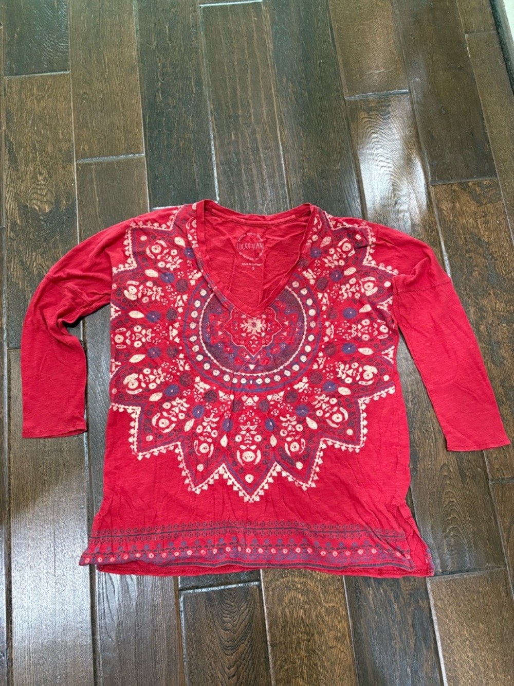 Lucky Brand Top Small Med Boho Lightweight Burnout Y2K Look Red Medallion
